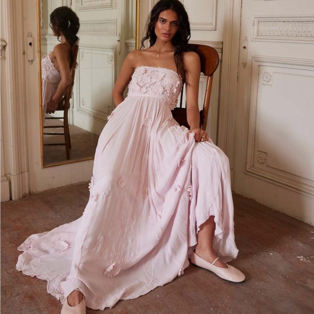 Free People Peach Embellished Tiered Strapless Maxi Dress